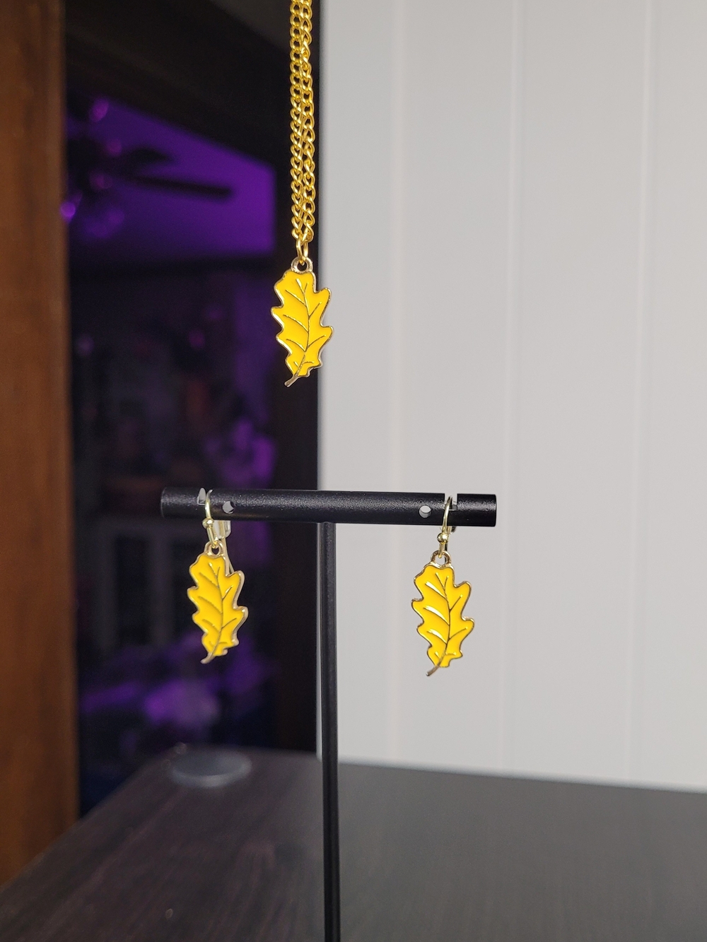 Hand Crafted Yellow Leaf Necklace and Earrings Set